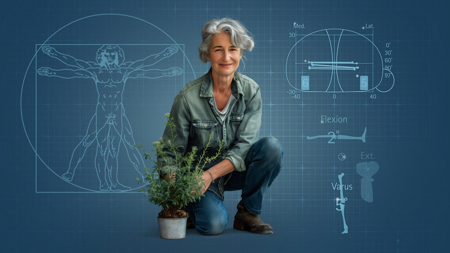 Kneeling woman with a plant in the foreground